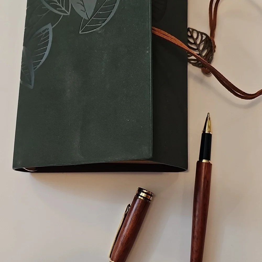 Green Leaf Embossed Faux Suede Leather Journal with Leaf Charm Emerald Green